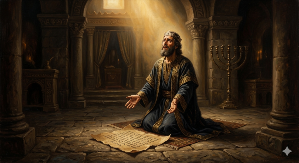 Representação do Rei Ezequias orando diante de Deus para vencer batalhas espirituais