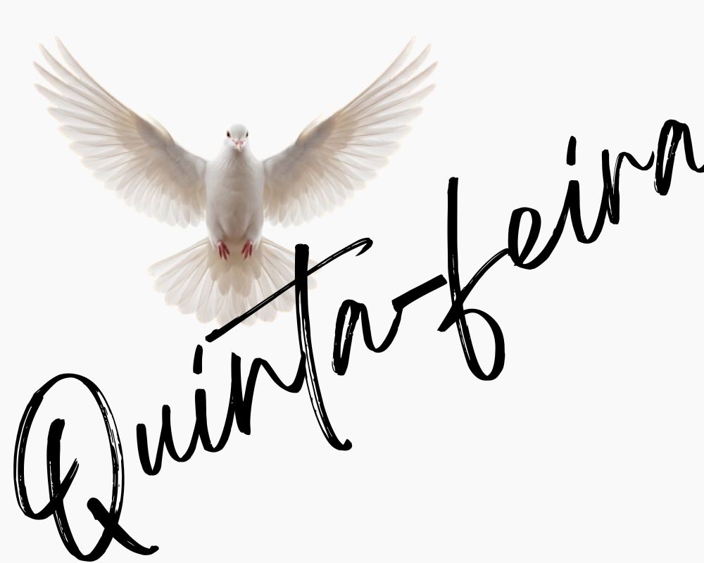 Arte minimalista com fundo branco apresentando uma pomba branca com asas abertas no topo e a palavra Quinta-feira escrita em caligrafia preta na diagonal.