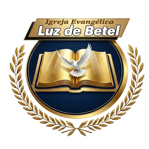Logótipo da Igreja Evangélica Luz de Betel 2026 com uma pomba branca sobre a Bíblia aberta e ramos de oliveira, nas cores dourado, azul e branco.